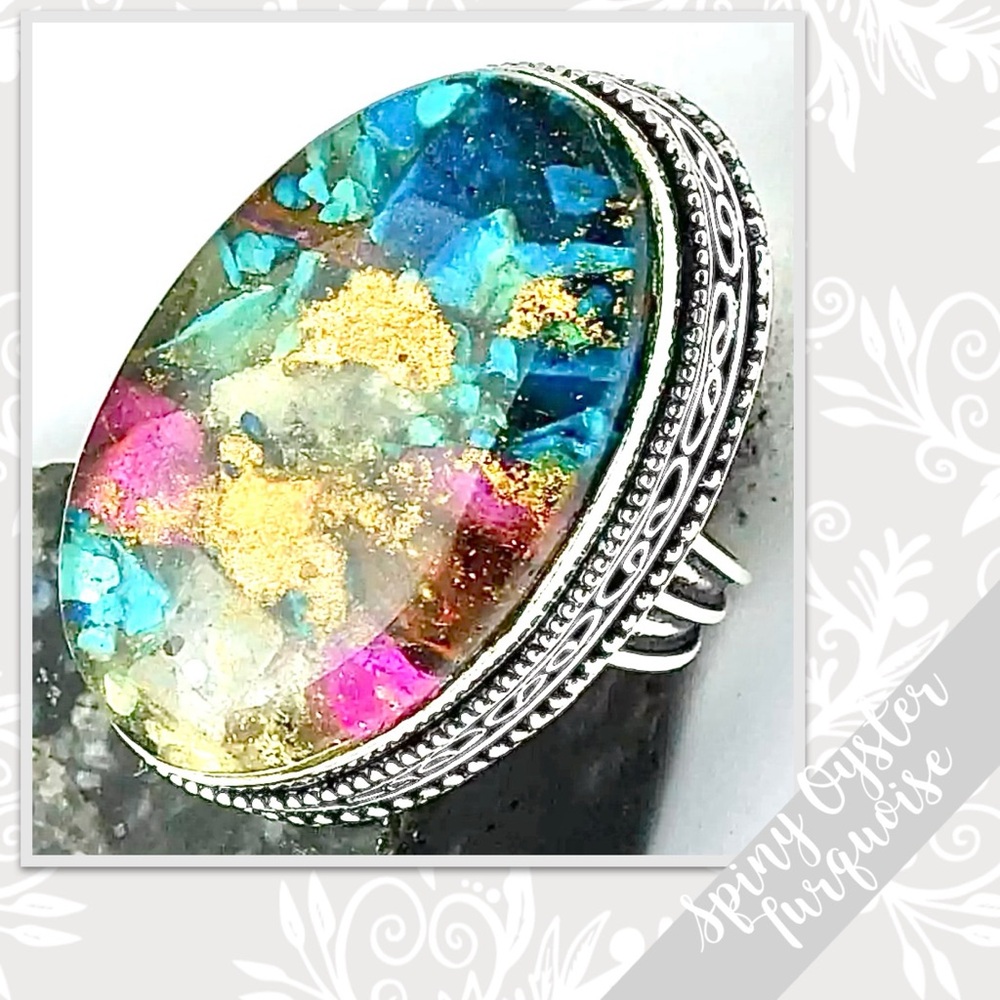 Turquoise, Spiny Oyster, Copper Silver Artisan Ring Sz 8 (Aqua Blue, Pink, Gold)